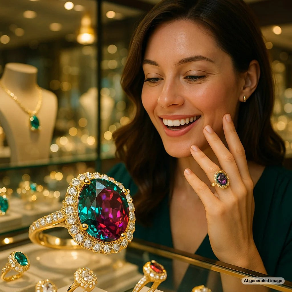 Stunning alexandrite gemstone jewelry showing color change property in different lighting conditions