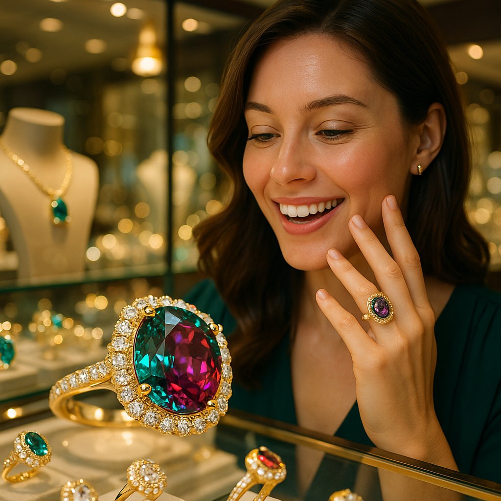 Stunning alexandrite gemstone jewelry showing color change property in different lighting conditions