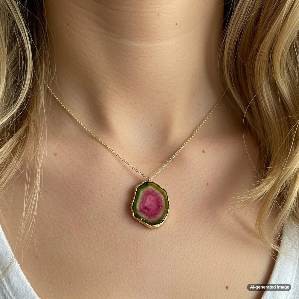 A stunning Watermelon Tourmaline gemstone showcasing its vibrant pink center and green outer layer, set in an elegant jewelry piece.