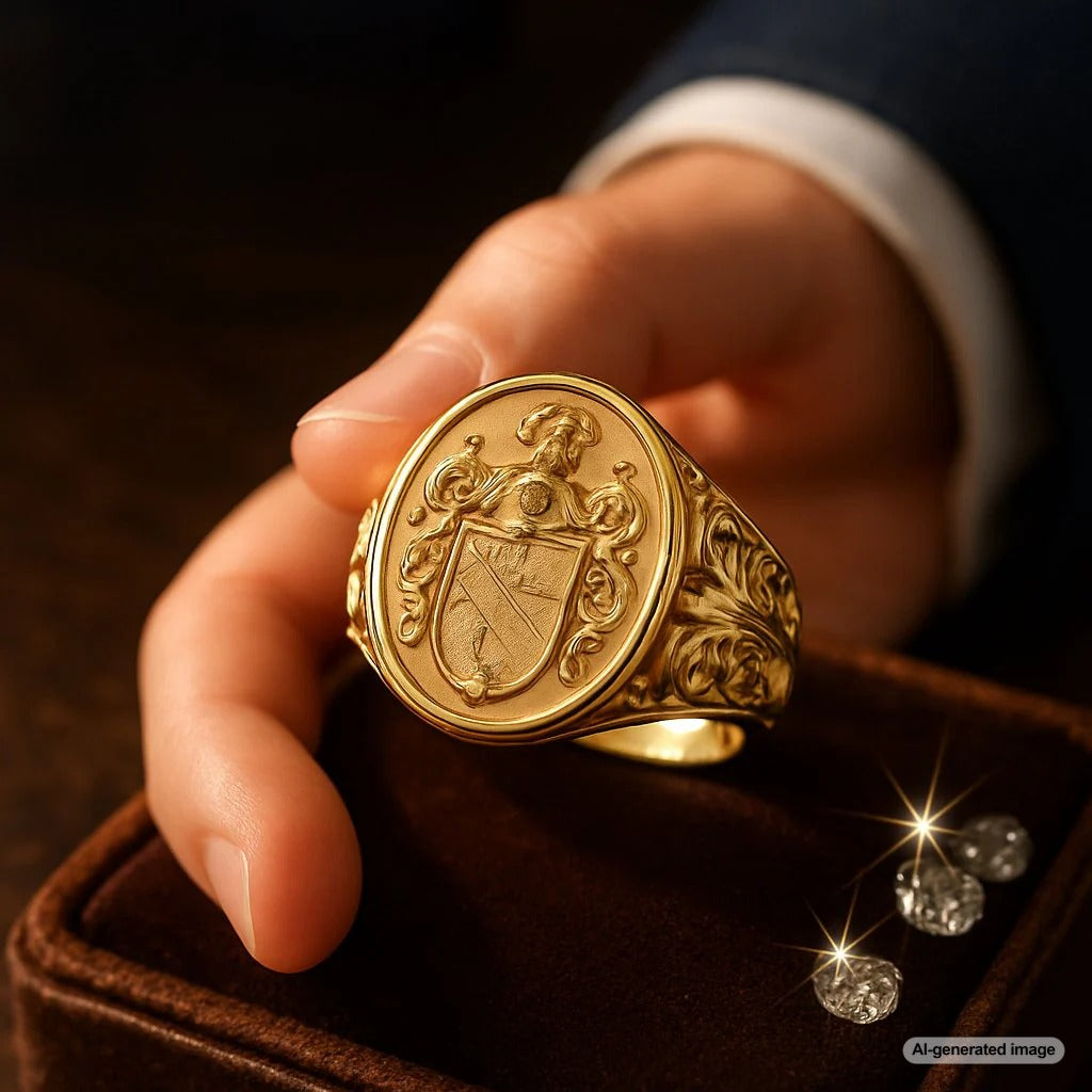 Close up of an engraved family crest signet ring on a person's finger