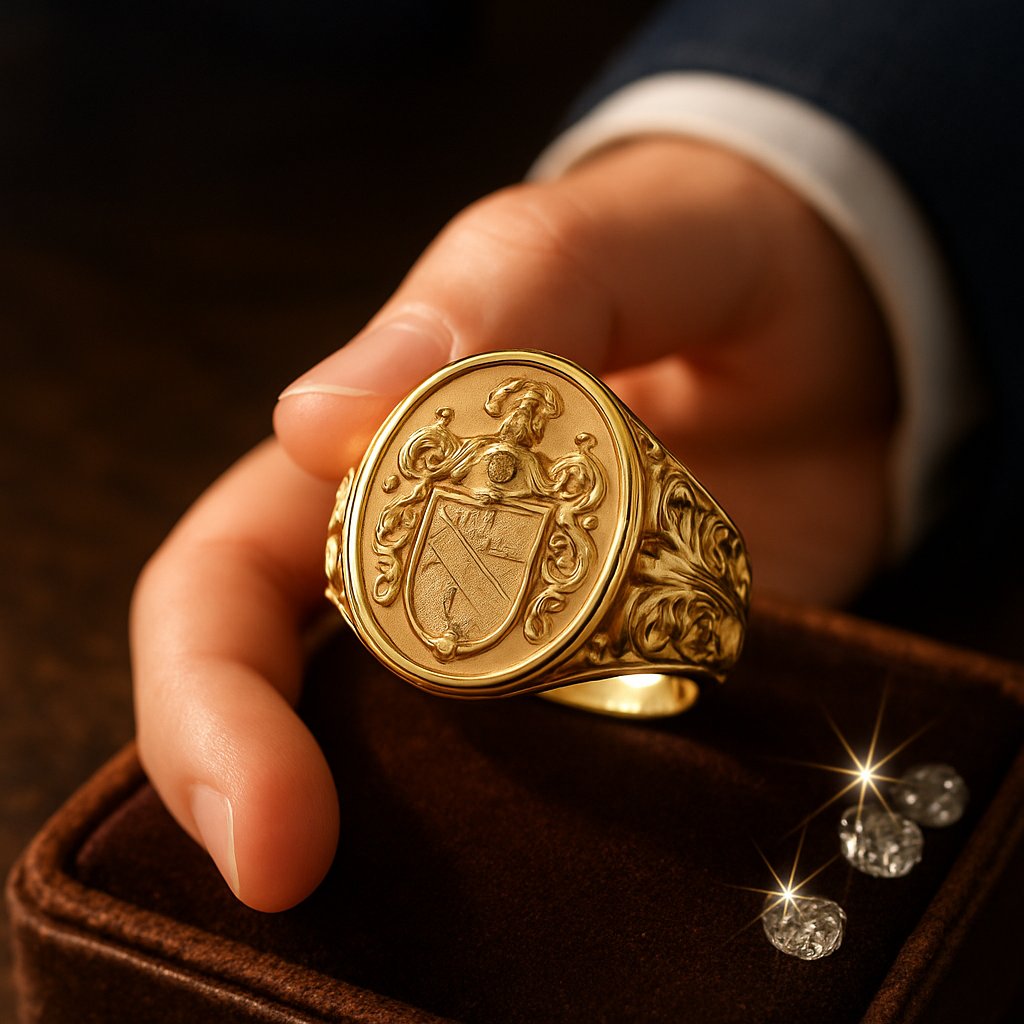 Close up of an engraved family crest signet ring on a person's finger