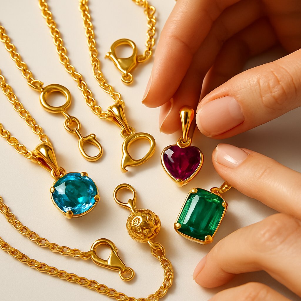 Close-up detail shot of jewelry clasps, chains, and bails showing intricate metalwork and craftsmanship