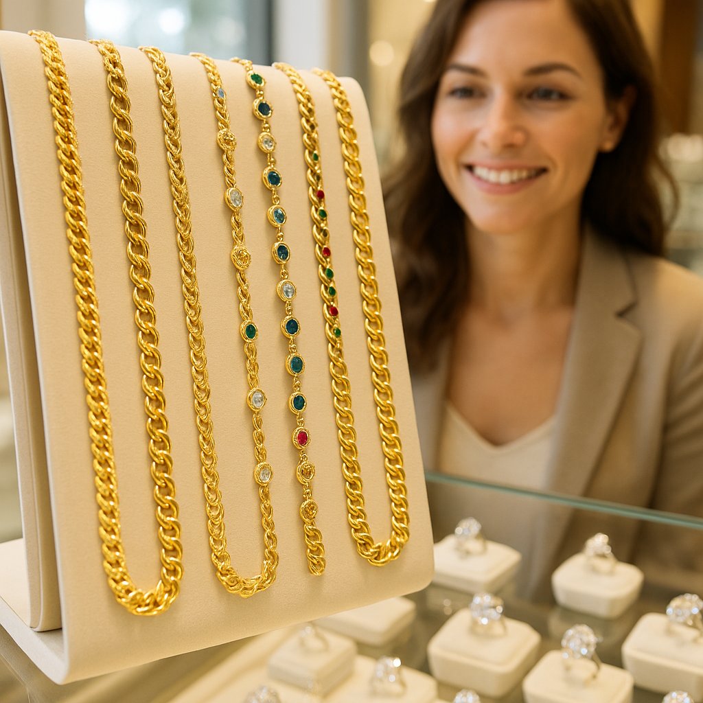 A collection of fine jewelry chains showcasing different styles and metals at Robinson's Jewelers