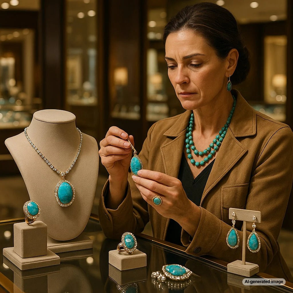 Stunning turquoise jewelry pieces showcasing various shades of blue and green gemstones in both modern and traditional Southwestern designs