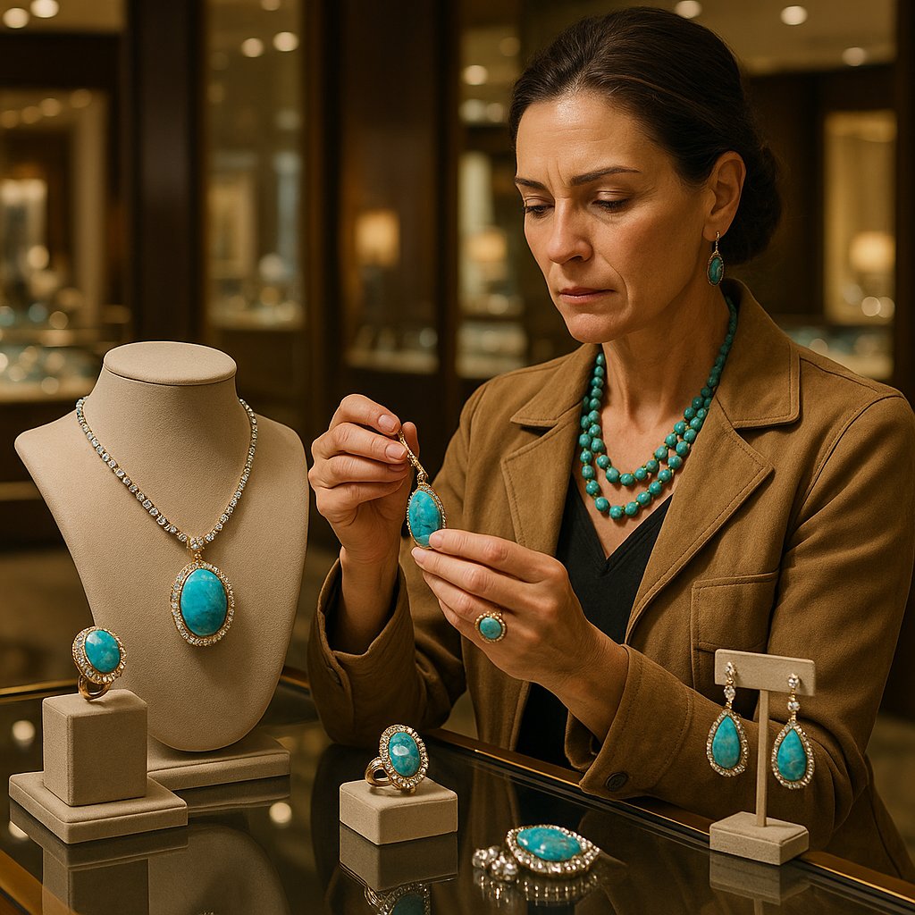 Stunning turquoise jewelry pieces showcasing various shades of blue and green gemstones in both modern and traditional Southwestern designs