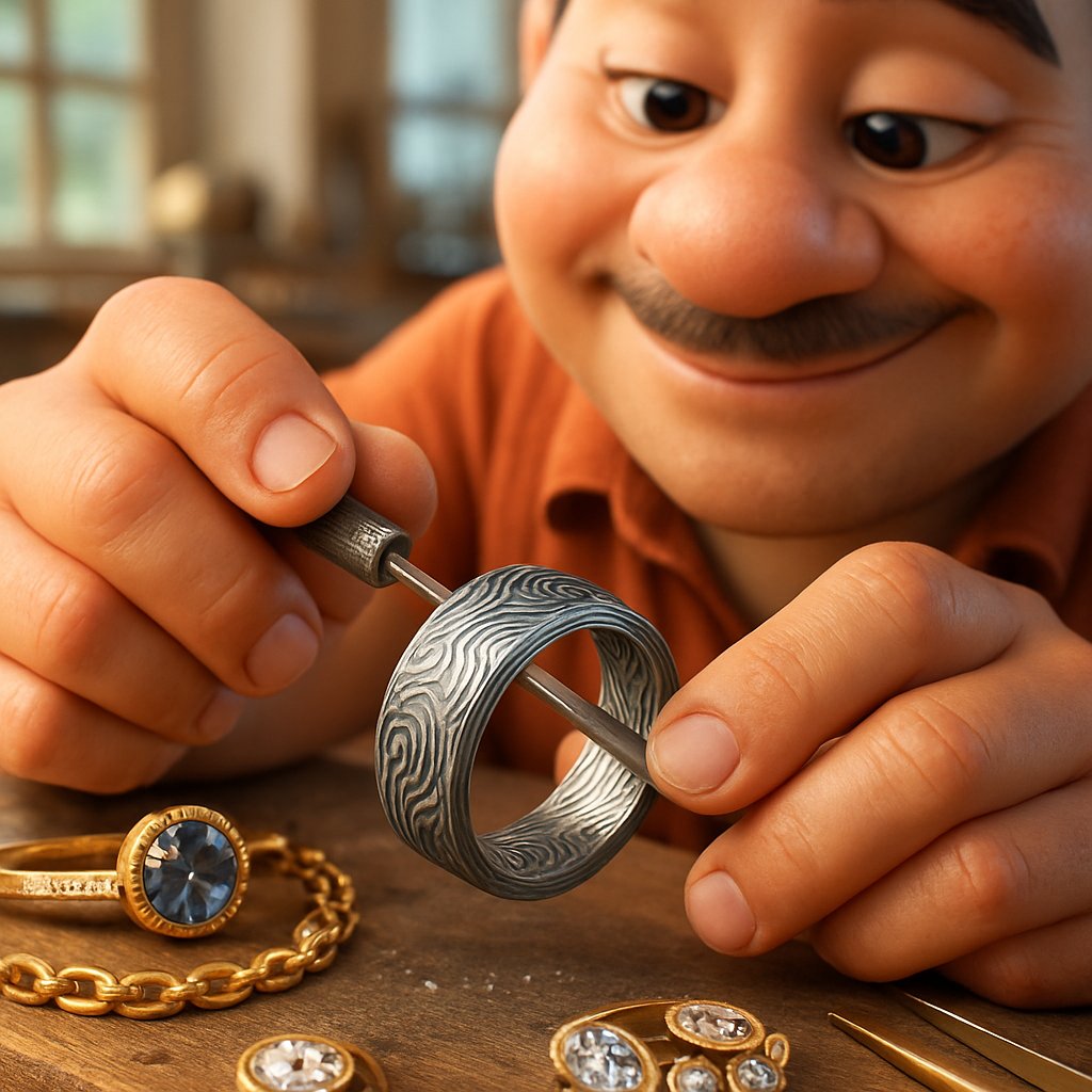 Close-up view of Damascus steel jewelry showing intricate patterns and waves in the metal