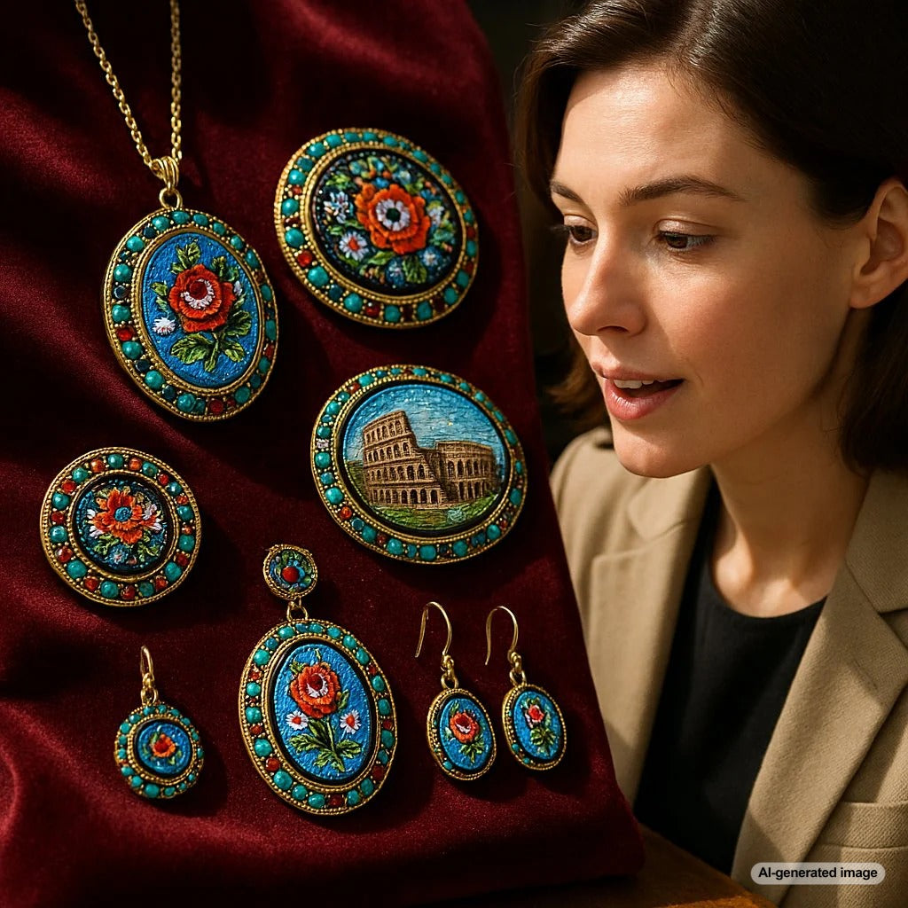 Close-up view of an antique Italian micromosaic jewelry piece showing intricate glass tesserae forming a detailed landscape scene, set in yellow gold.