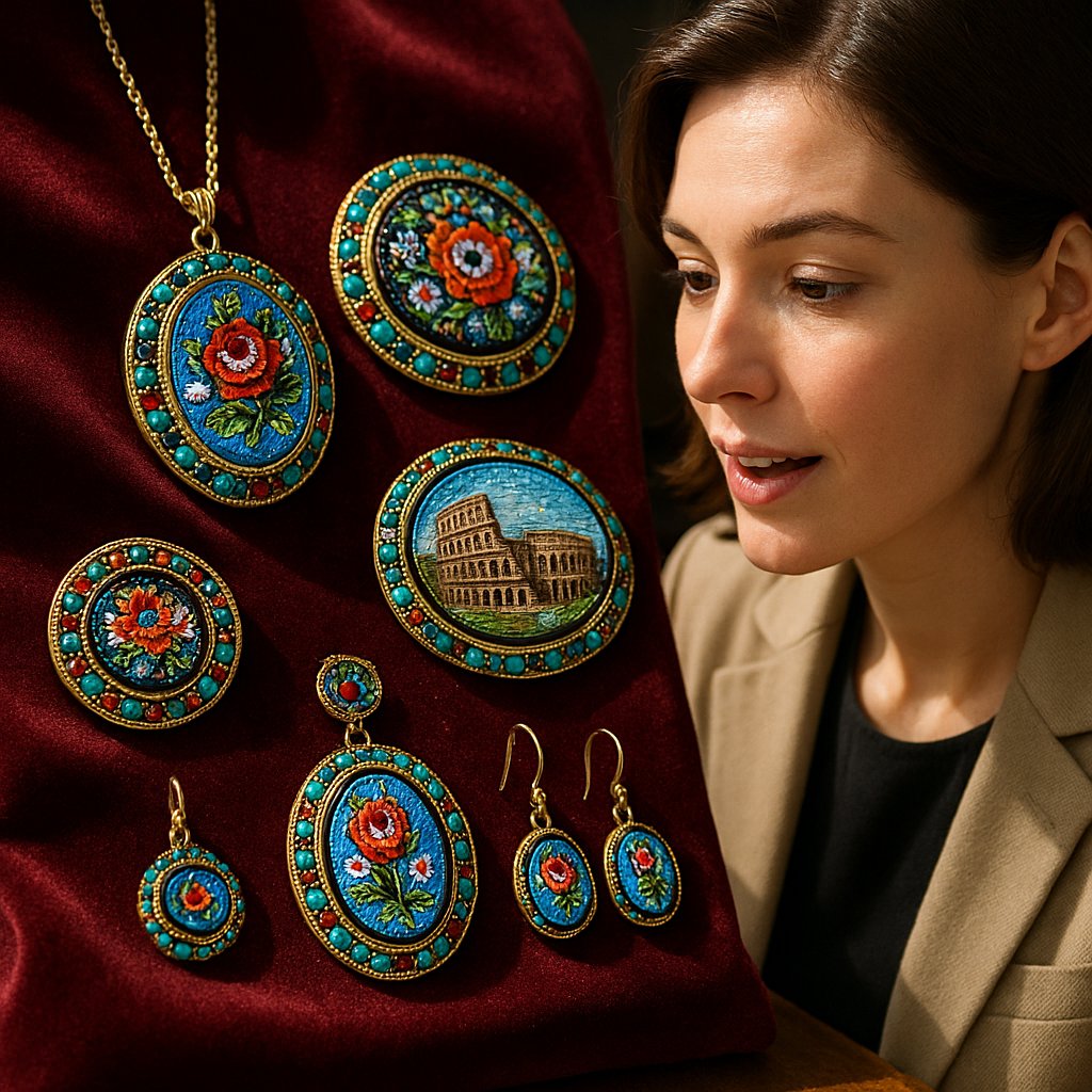 Close-up view of an antique Italian micromosaic jewelry piece showing intricate glass tesserae forming a detailed landscape scene, set in yellow gold.