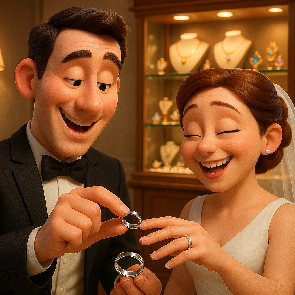 Close up shot of a man's and woman's hand wearing matching modern palladium wedding bands