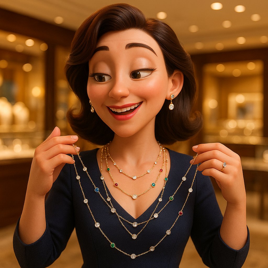 A beautiful diamond station necklace layered with other delicate gold chains, showcasing its versatility and elegance.