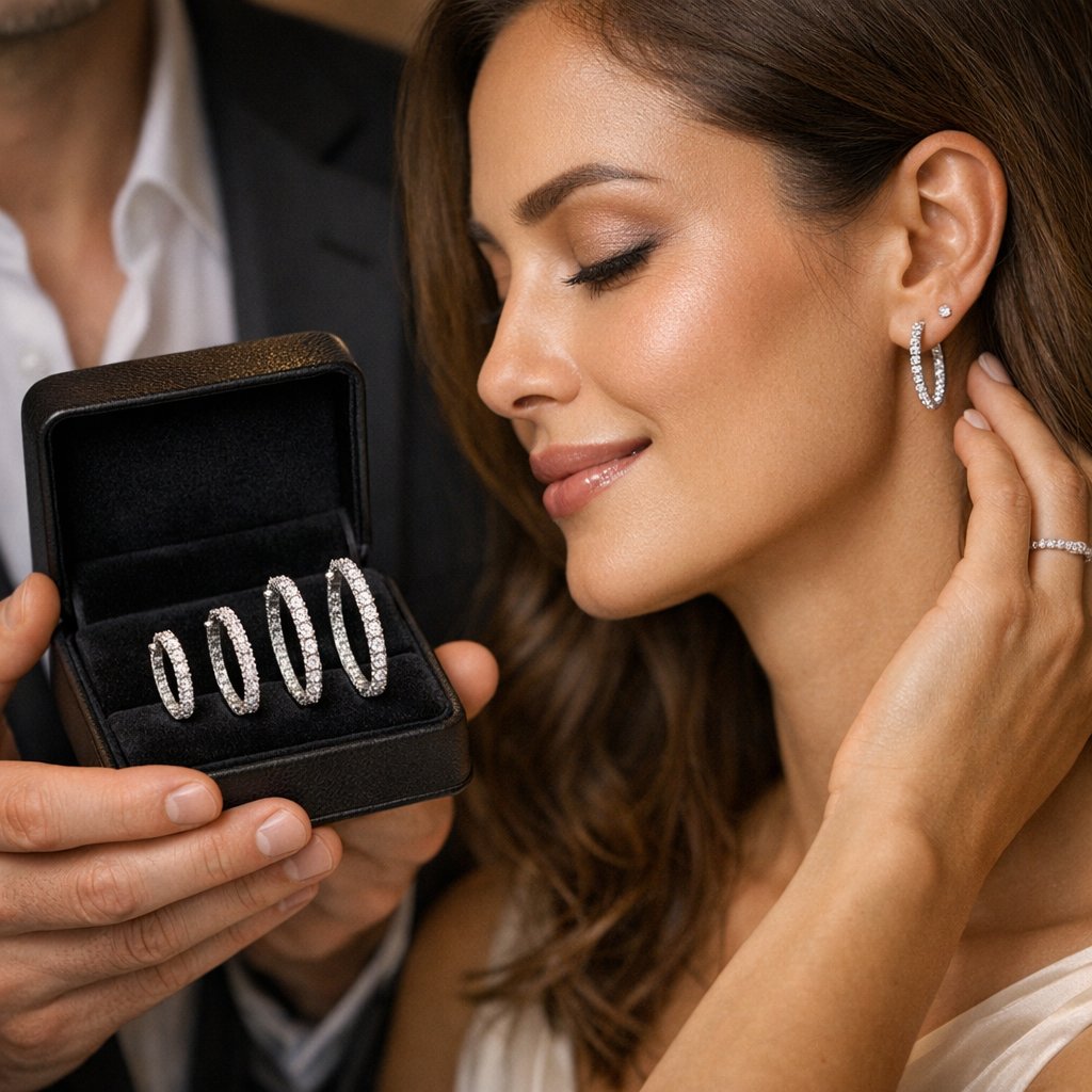 Three sizes of diamond hoop earrings on a marble surface showcasing versatility from small to large for endless outfit combinations