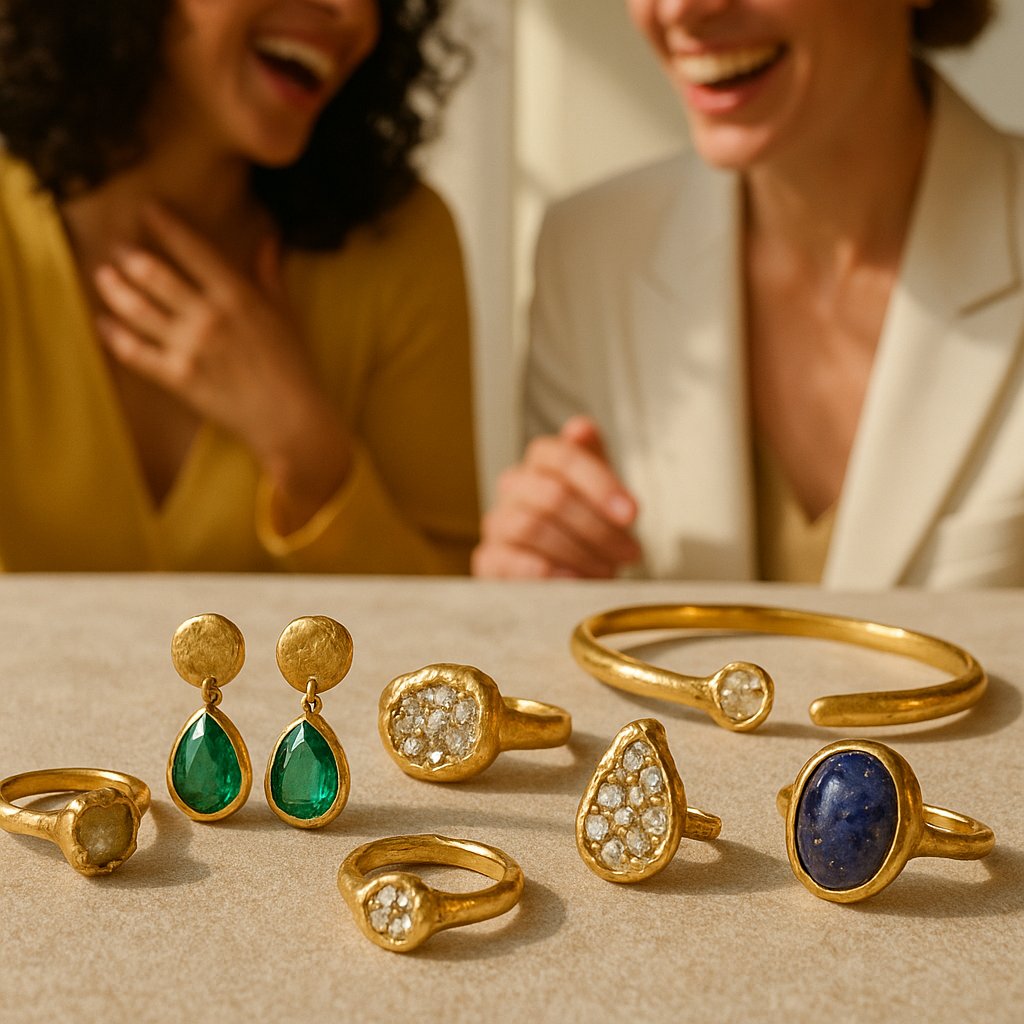 Wabi-sabi inspired jewelry featuring organic shapes, textured metals, and unique gemstones celebrating imperfection