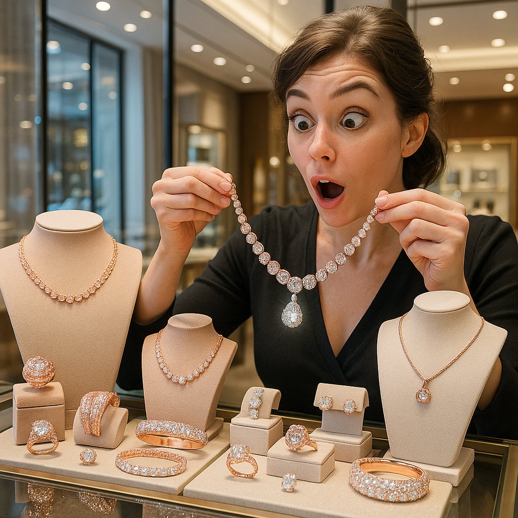 Beautiful rose gold jewelry collection featuring rings, necklaces and bracelets showing the warm pink tones