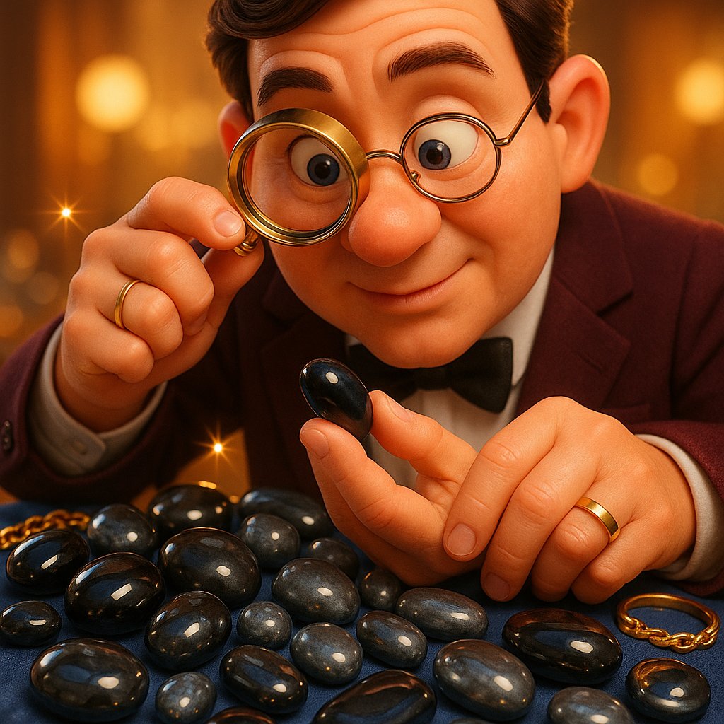 A collection of protective gemstone jewelry featuring black onyx and hematite rings and pendants on a dark background