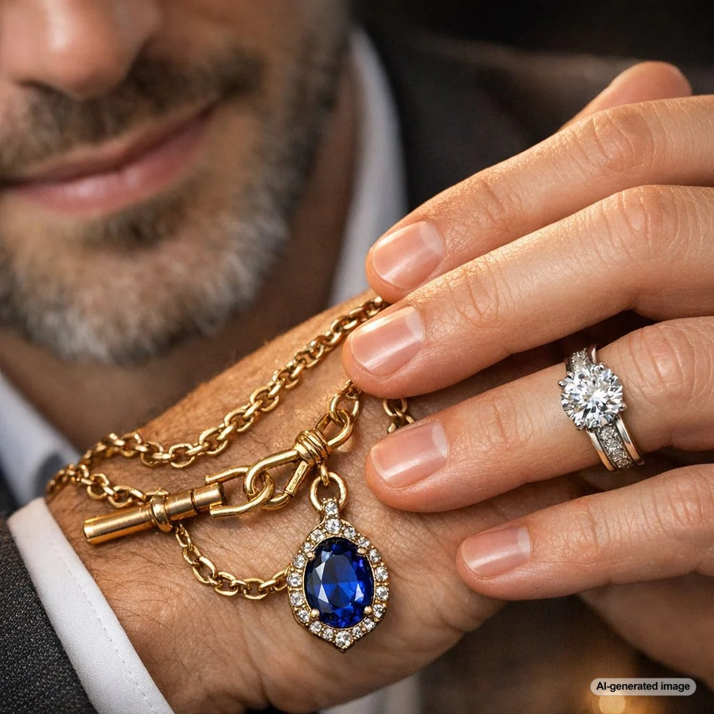 A stylish man wearing a modern watch chain attached to his jeans, showcasing the 2026 accessory trend for men.