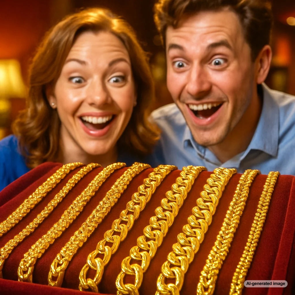 Close-up comparison of different gold chain styles including rope, curb, and box chains showing texture and link details