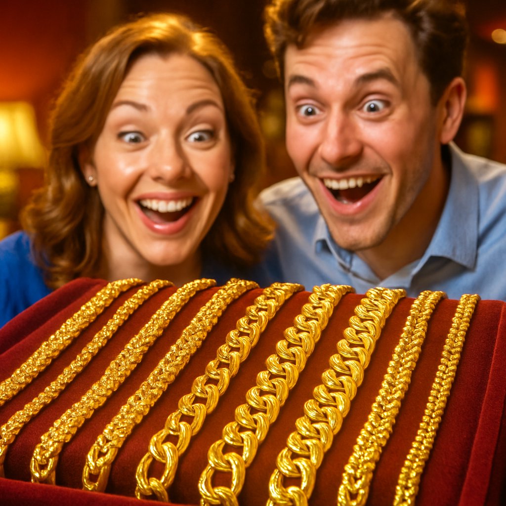 Close-up comparison of different gold chain styles including rope, curb, and box chains showing texture and link details