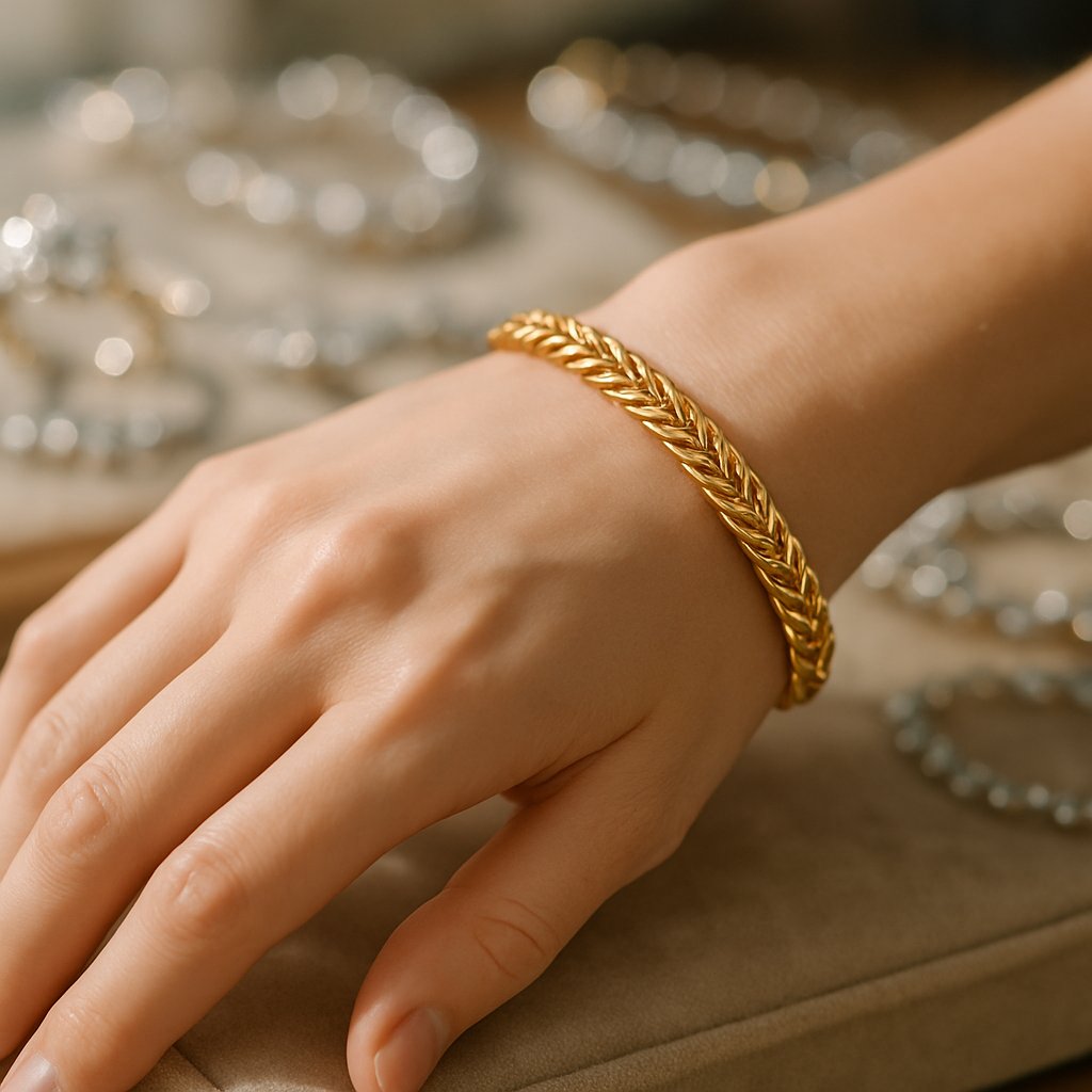 Close up detail of an intricate gold wheat chain necklace, showcasing its woven pattern and brilliant shine.
