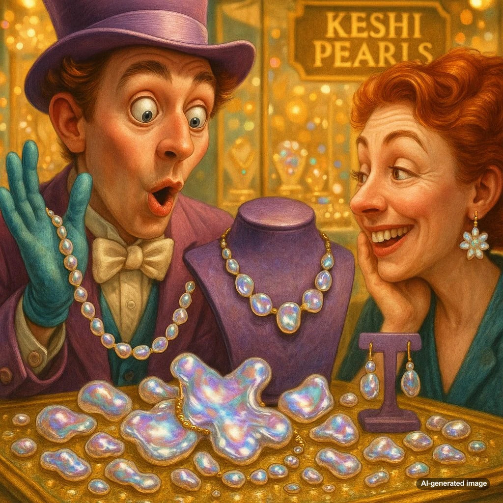 A stunning collection of keshi pearls in various shapes and colors displayed at Robinson's Jewelers