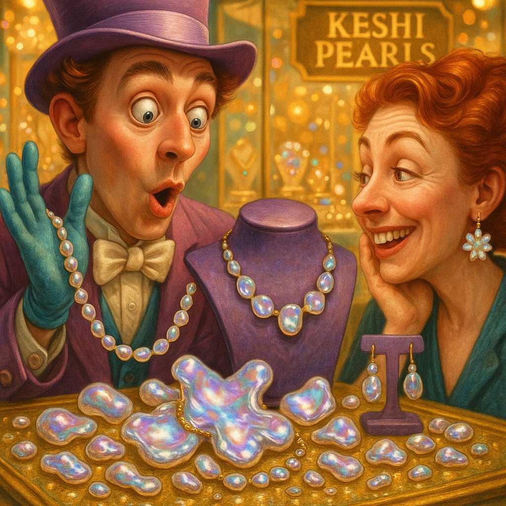 A stunning collection of keshi pearls in various shapes and colors displayed at Robinson's Jewelers