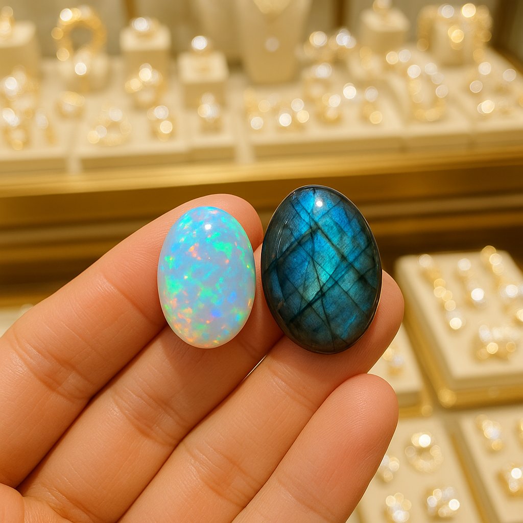 A stunning comparison showing the vibrant play-of-color in an opal and the electric labradorescence in a labradorite gemstone.