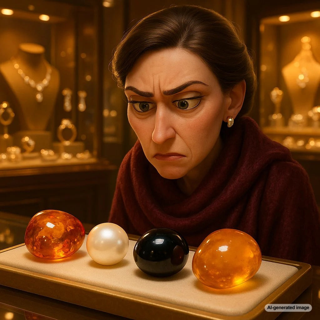 Collection of rare organic gems including amber, copal, jet, and pearl jewelry pieces from Robinson's Jewelers