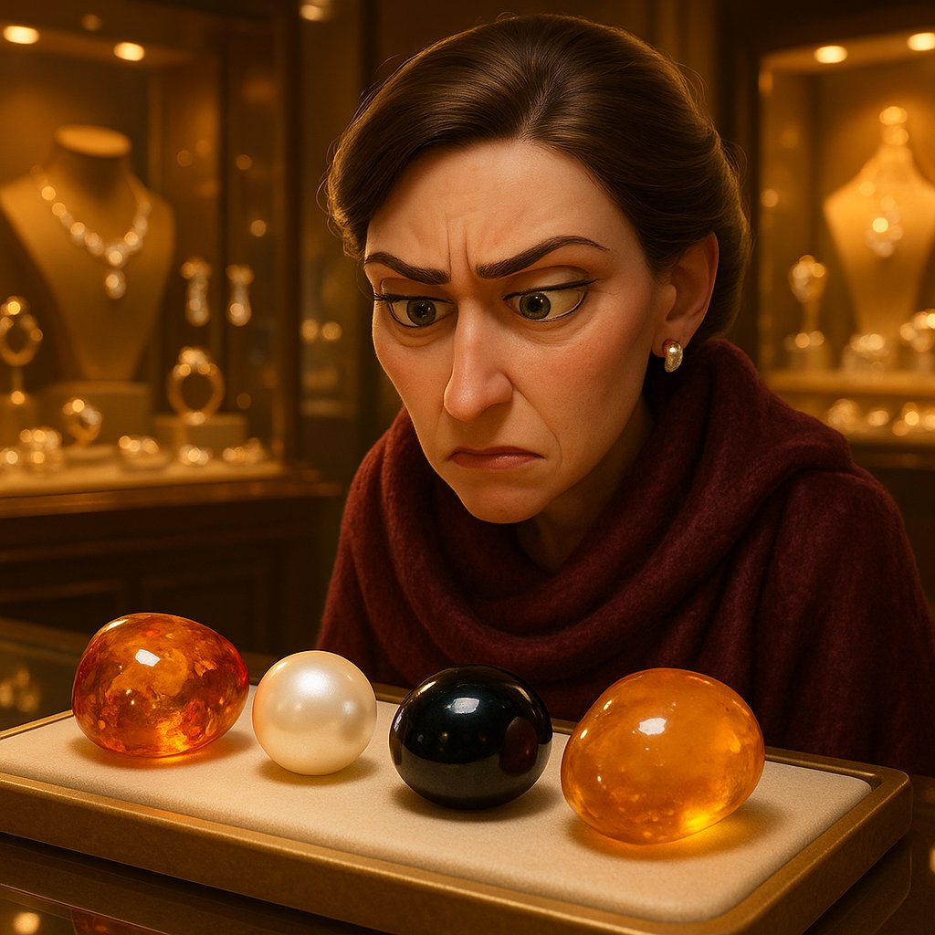 Collection of rare organic gems including amber, copal, jet, and pearl jewelry pieces from Robinson's Jewelers