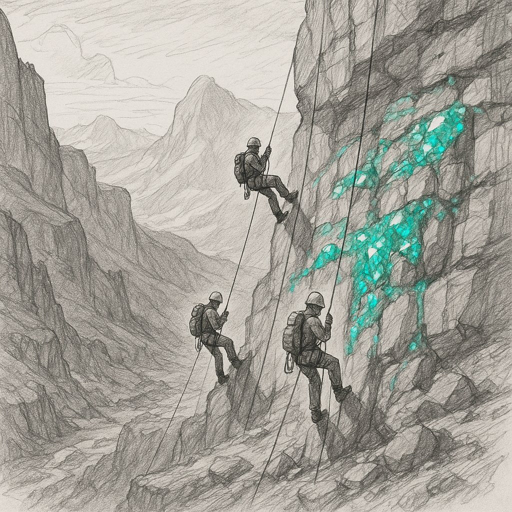 Dramatic image showing gemstone mining in remote mountainous terrain