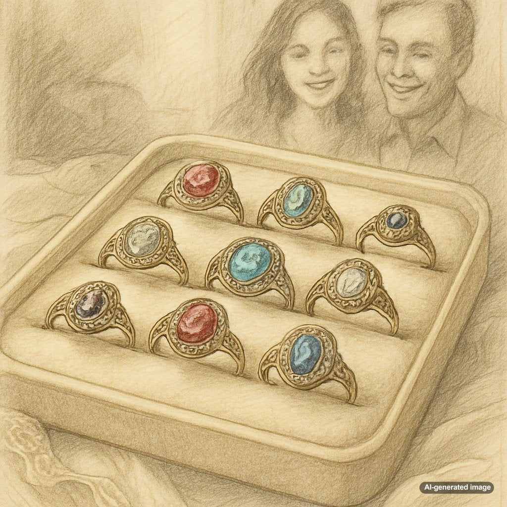 A collection of unique and historical engagement rings with various gemstones and intricate designs