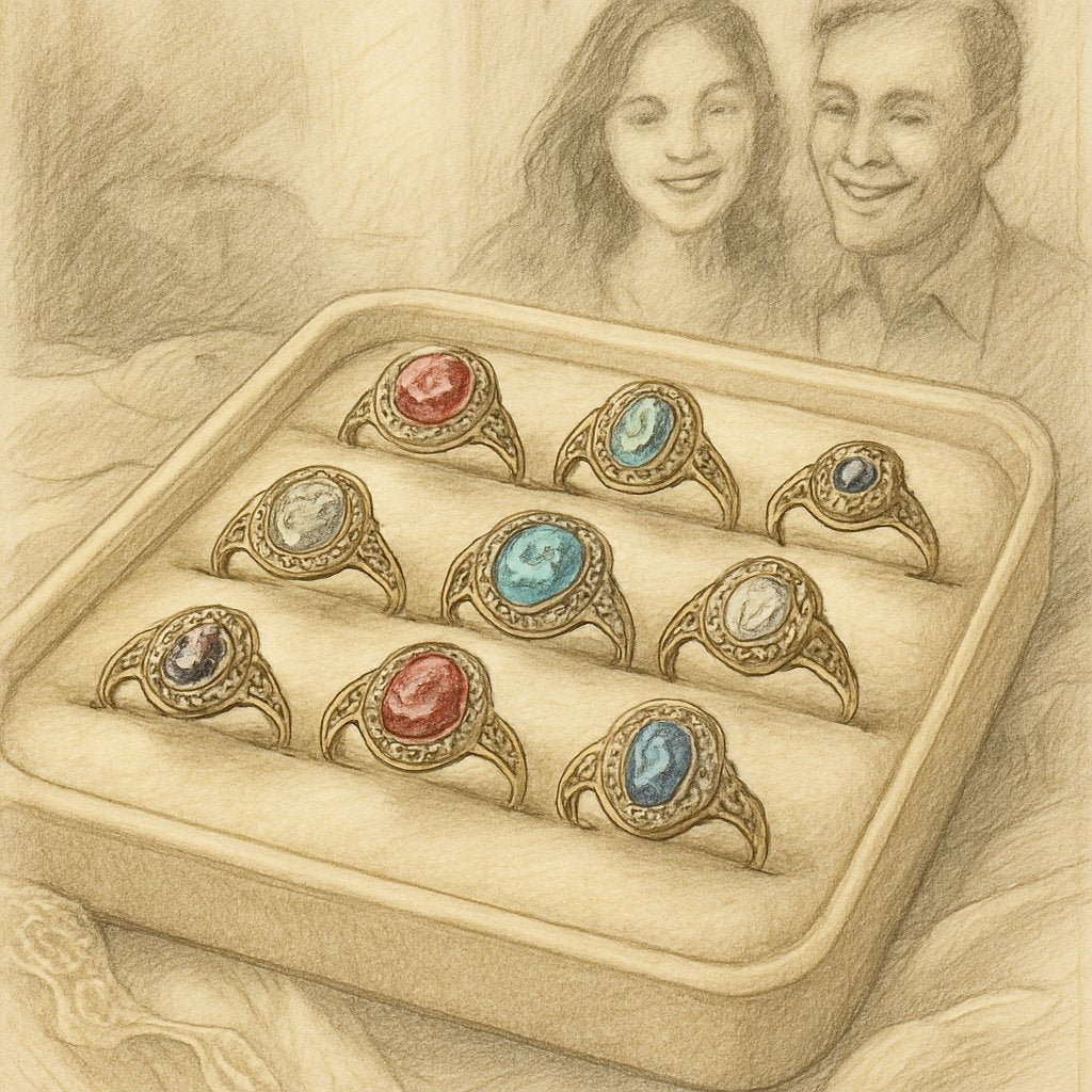 A collection of unique and historical engagement rings with various gemstones and intricate designs