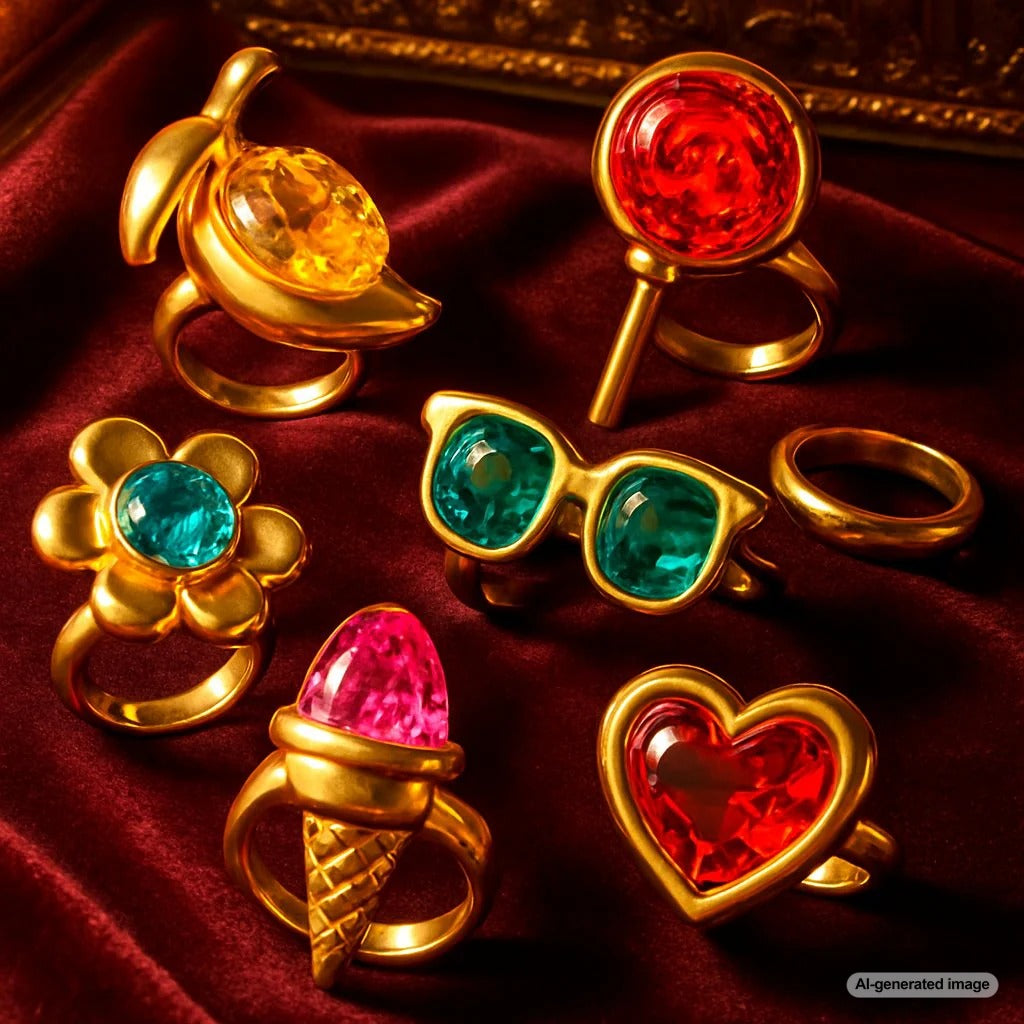 Extravagant impractical jewelry collection featuring oversized cocktail rings, dramatic collars and elaborate brooches