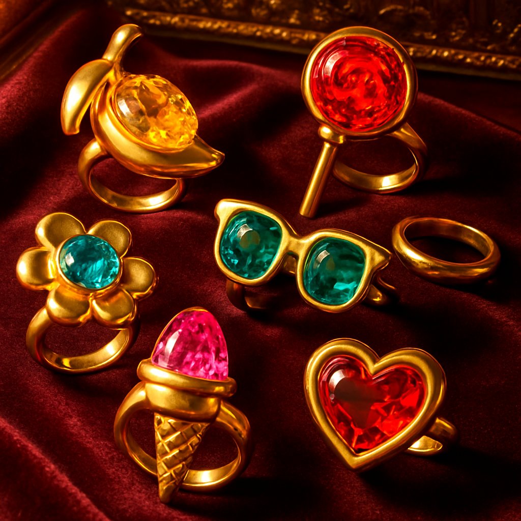 Extravagant impractical jewelry collection featuring oversized cocktail rings, dramatic collars and elaborate brooches