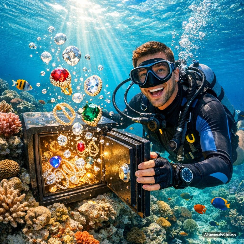 An illustration of a luxurious underwater jewelry safe in a Maldives lagoon, with a diver approaching and sunlight shimmering through the water