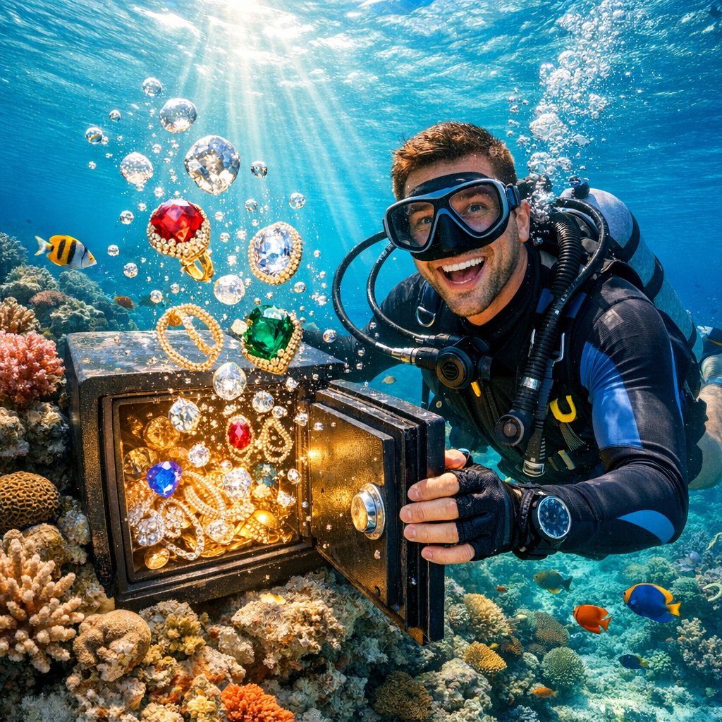An illustration of a luxurious underwater jewelry safe in a Maldives lagoon, with a diver approaching and sunlight shimmering through the water