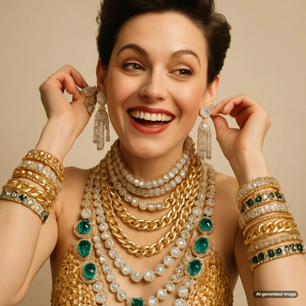 A woman wearing elegant, body-contouring gold jewelry that drapes and fits like a second skin, showcasing the worn-on-the-body trend.