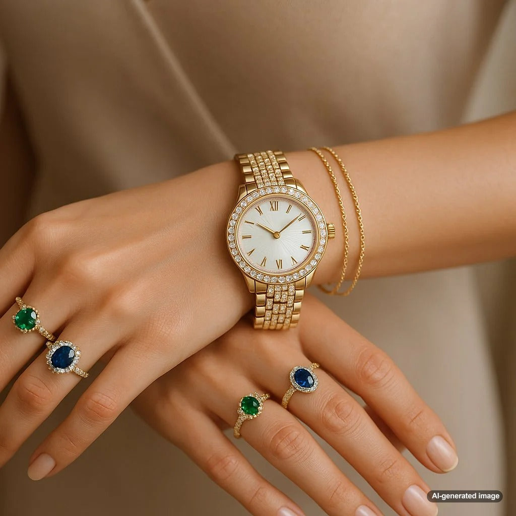 A stylish stack of luxury bracelets and a diamond watch artfully arranged on a woman's wrist