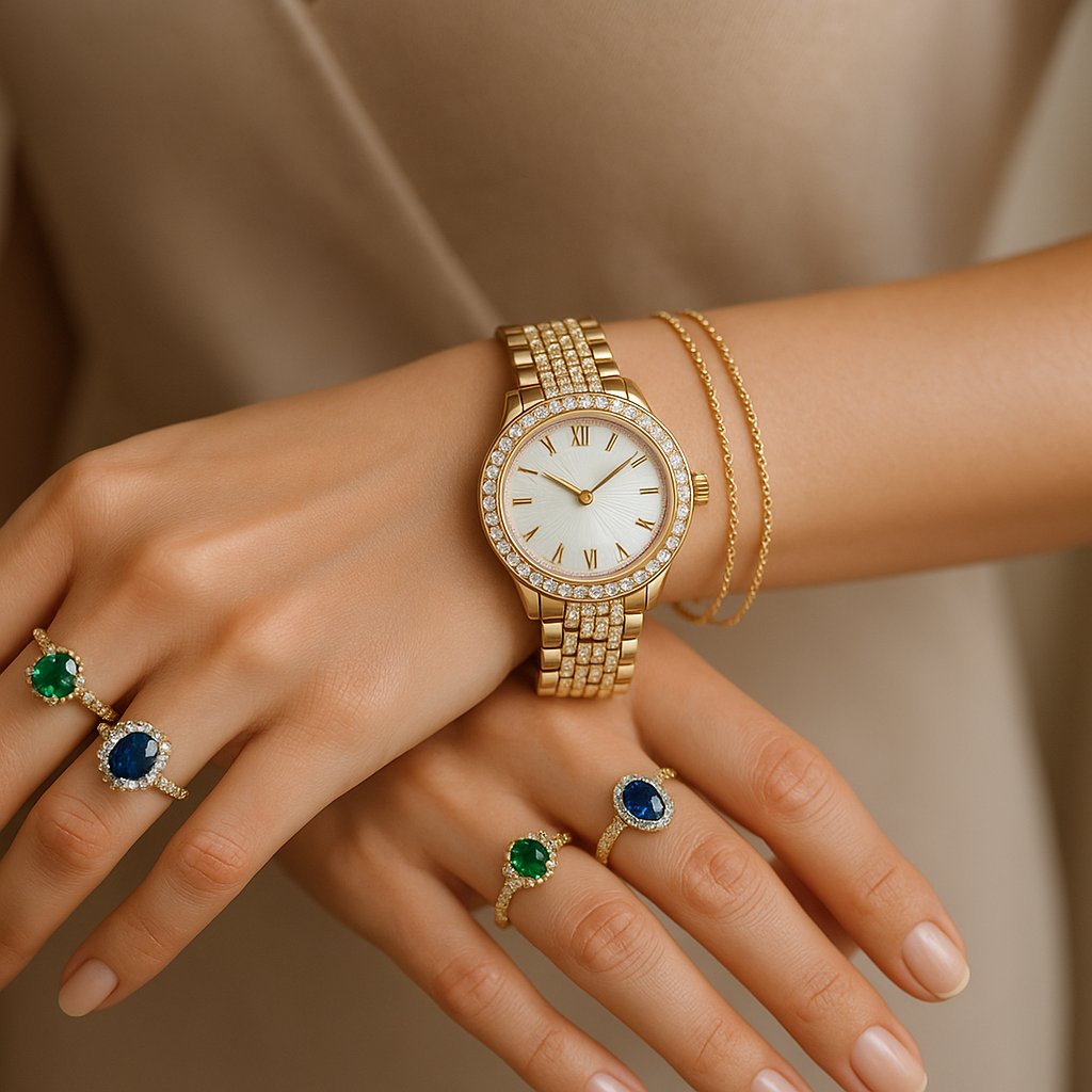 A stylish stack of luxury bracelets and a diamond watch artfully arranged on a woman's wrist