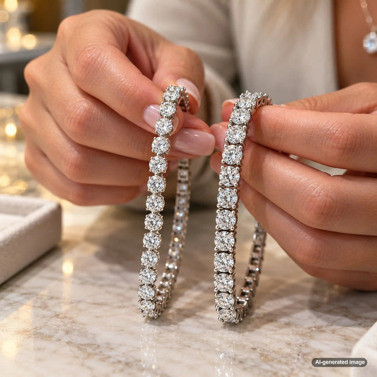 Three-prong versus four-prong diamond tennis bracelet settings showing delicate diamond arrangements and different metal prong designs