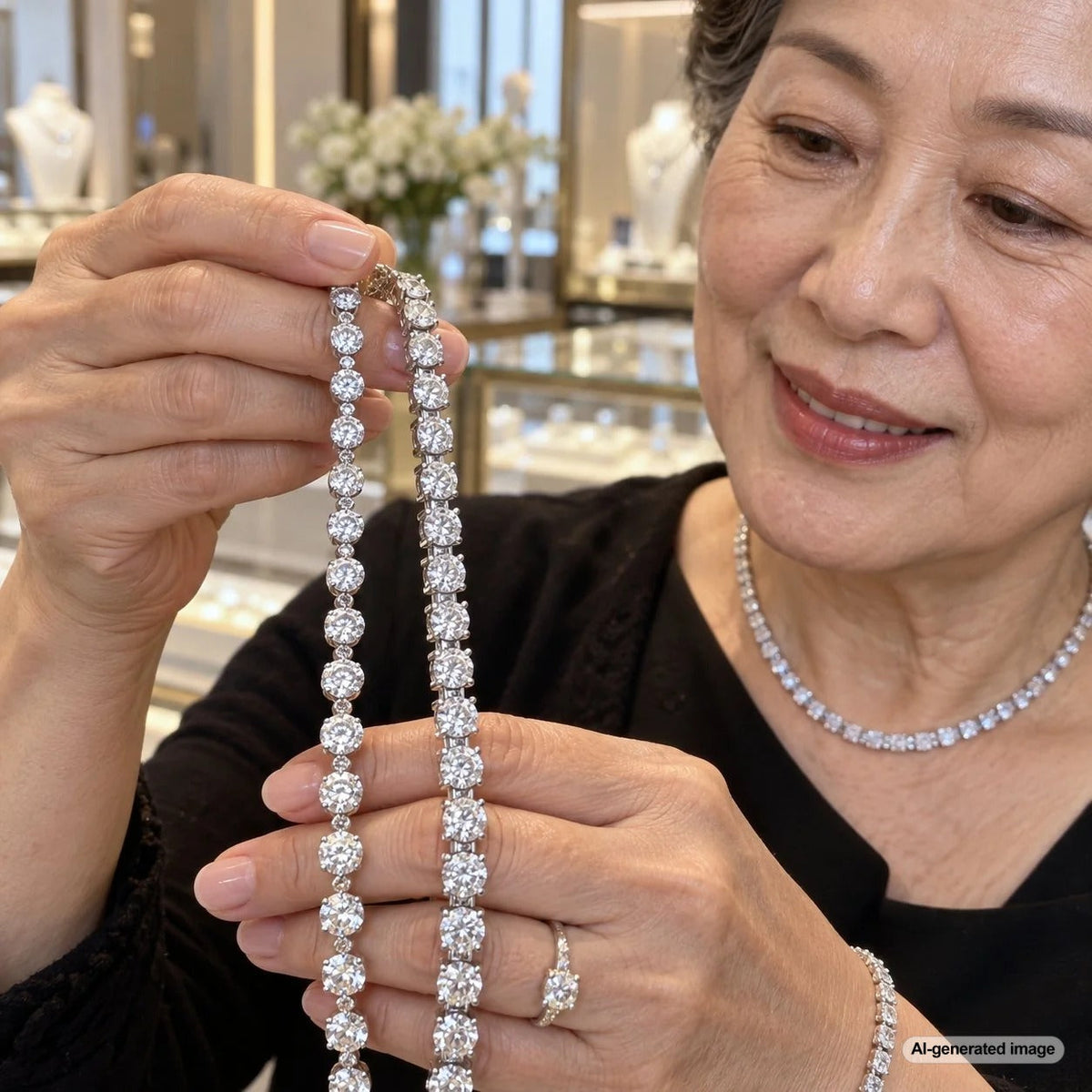 Three-prong and four-prong diamond tennis necklace settings showing differences in visible diamond and metal