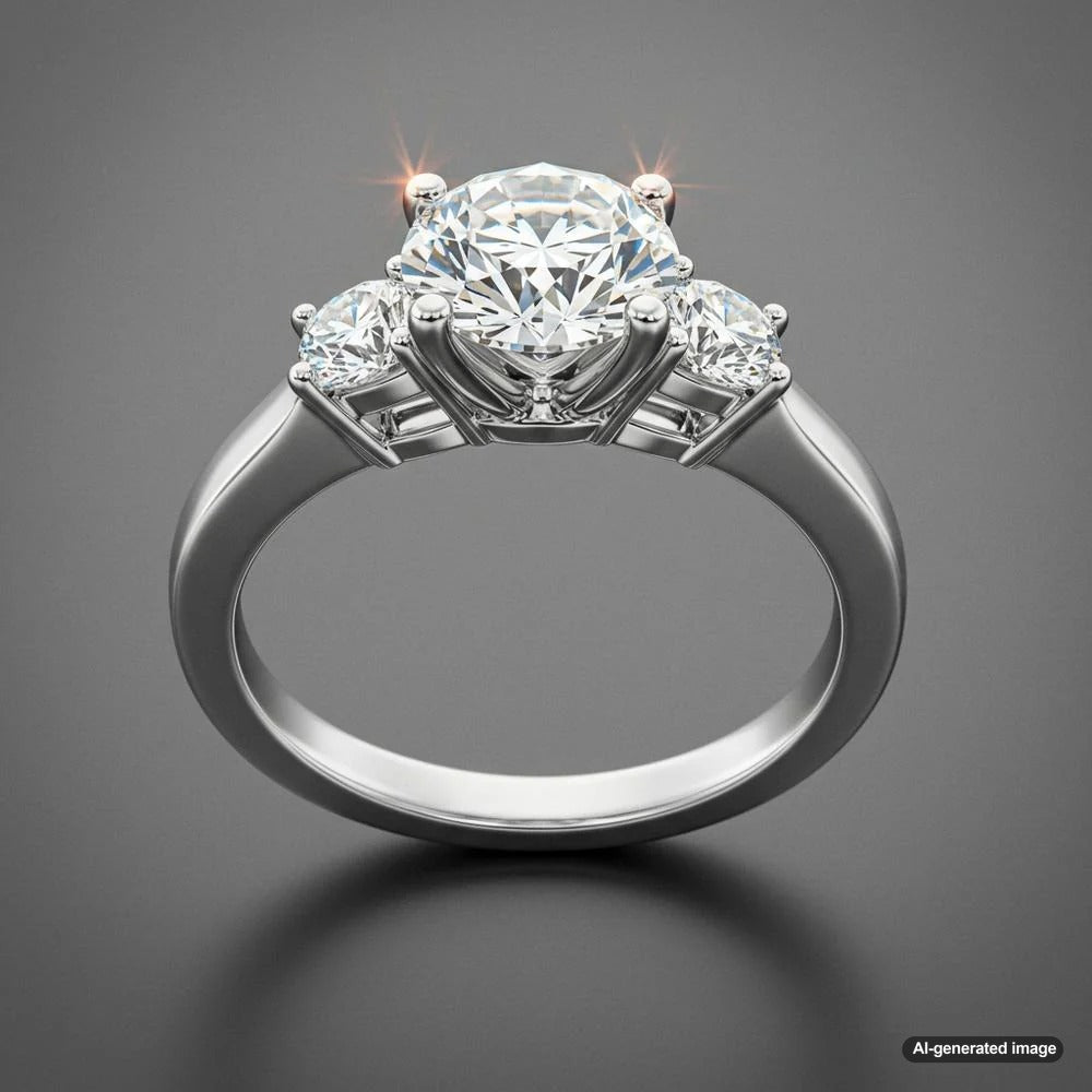 A stunning three stone engagement ring featuring brilliant diamonds set in a classic white gold band.