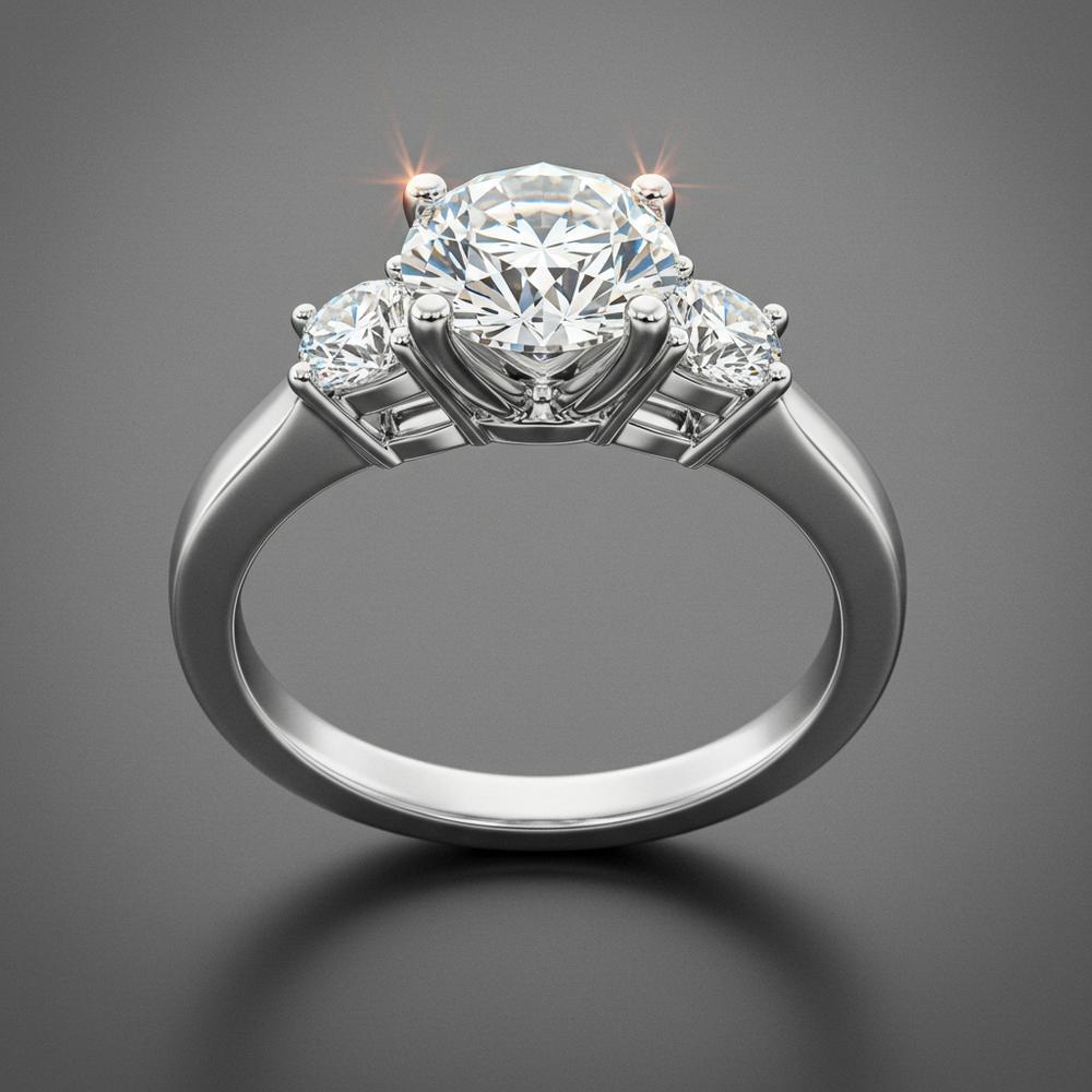 A stunning three stone engagement ring featuring brilliant diamonds set in a classic white gold band.