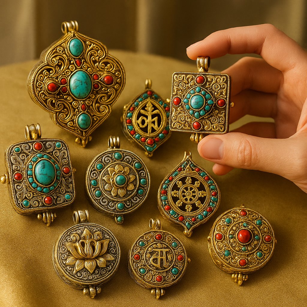 Intricate traditional Tibetan Gau amulet box with detailed metalwork and gemstones