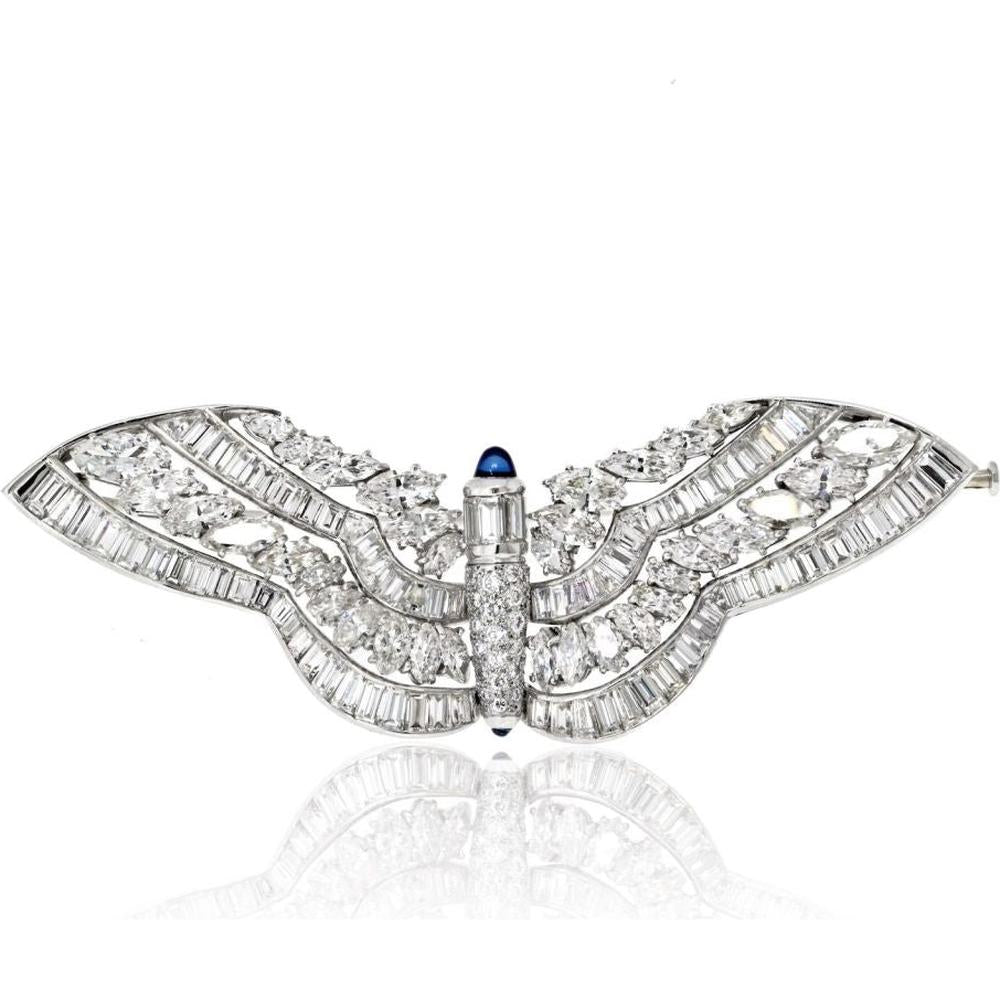 Platinum butterfly brooch with diamonds and sapphire