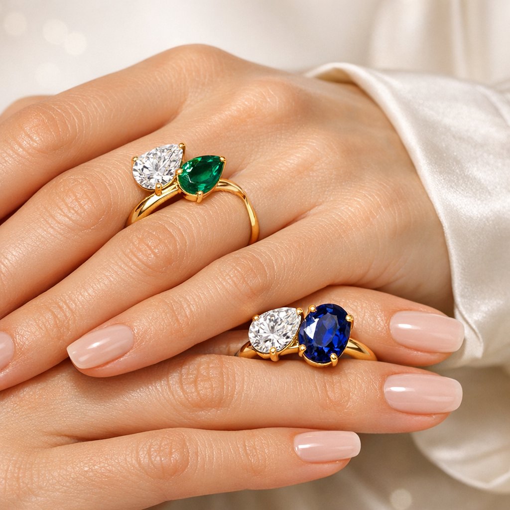 A stunning close-up of a modern Toi et Moi engagement ring featuring a pear-shaped diamond and an emerald on a delicate gold band.