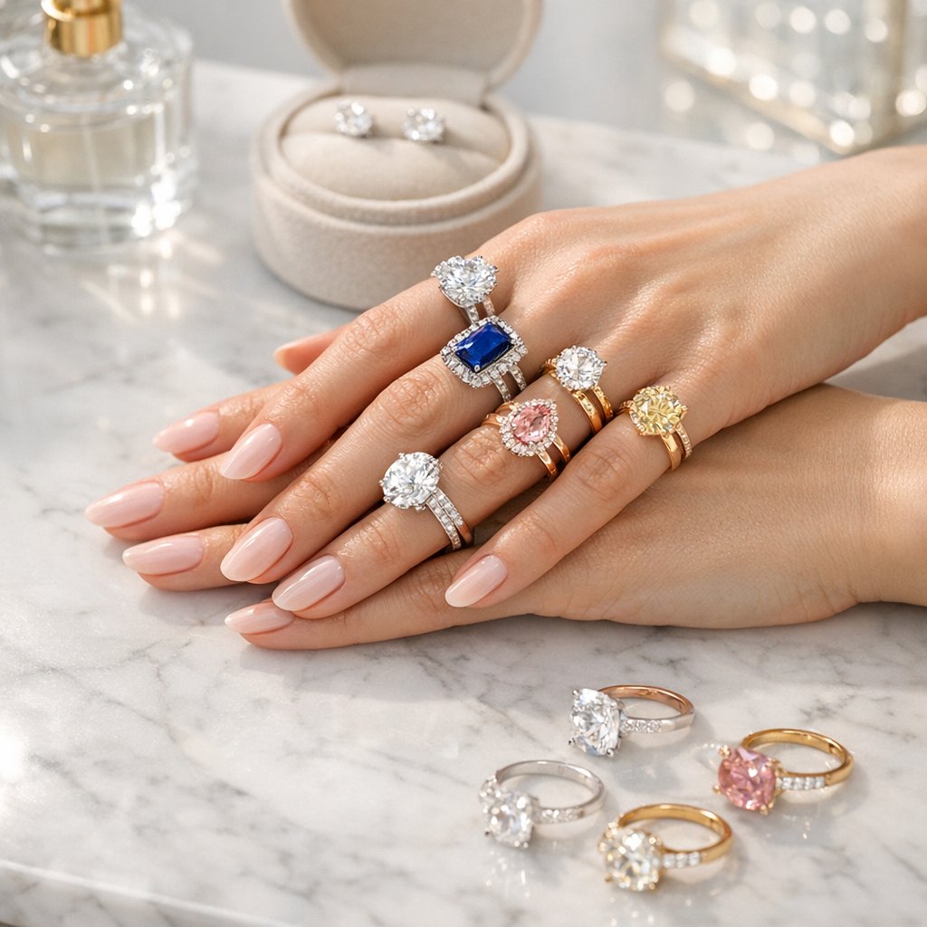 A stunning collage featuring celebrity engagement ring styles from 2025, including east-west settings, vintage cuts, and bold bands, showcasing how to achieve the look for less.