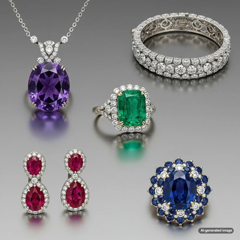 A collection of exquisite statement necklaces featuring emerald, sapphire, ruby, amethyst, and turquoise gemstones.