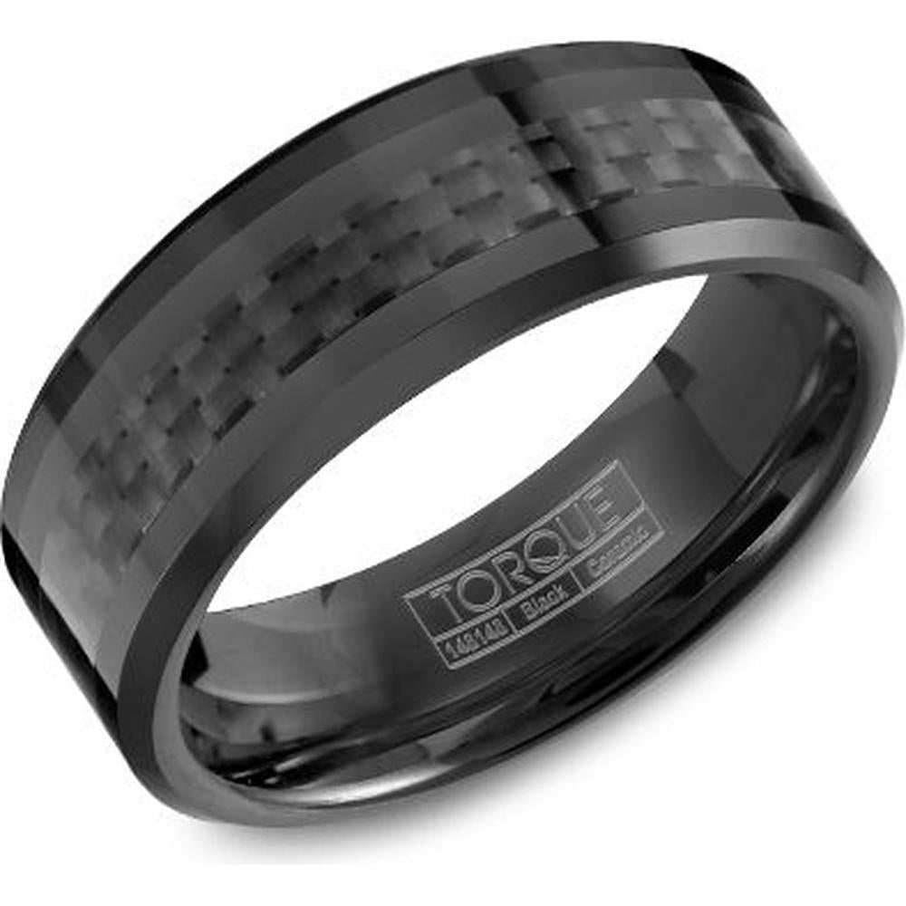 Torque Men's Wedding Band in Black Ceramic with Carbon Fiber Inlay and Beveled Edges