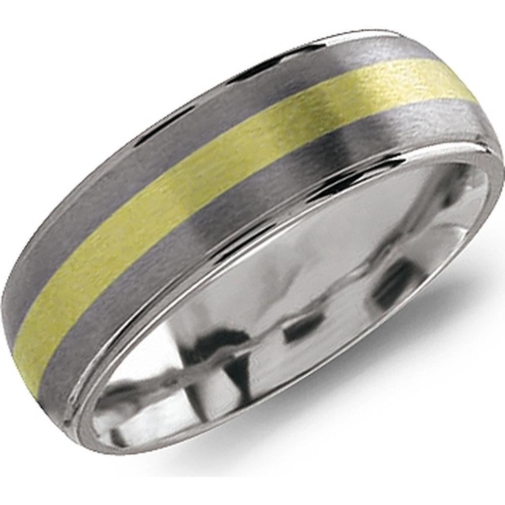 Torque Men&apos;s Wedding Band in titanium with brushed matte center, 18K yellow gold inlay, and polished edges