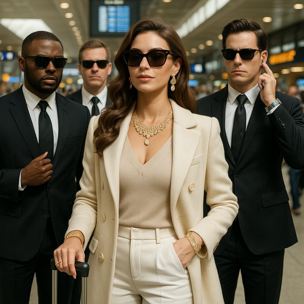 A luxurious travel jewelry case open to reveal fine rings, necklaces, and earrings arranged neatly alongside a passport and airline tickets