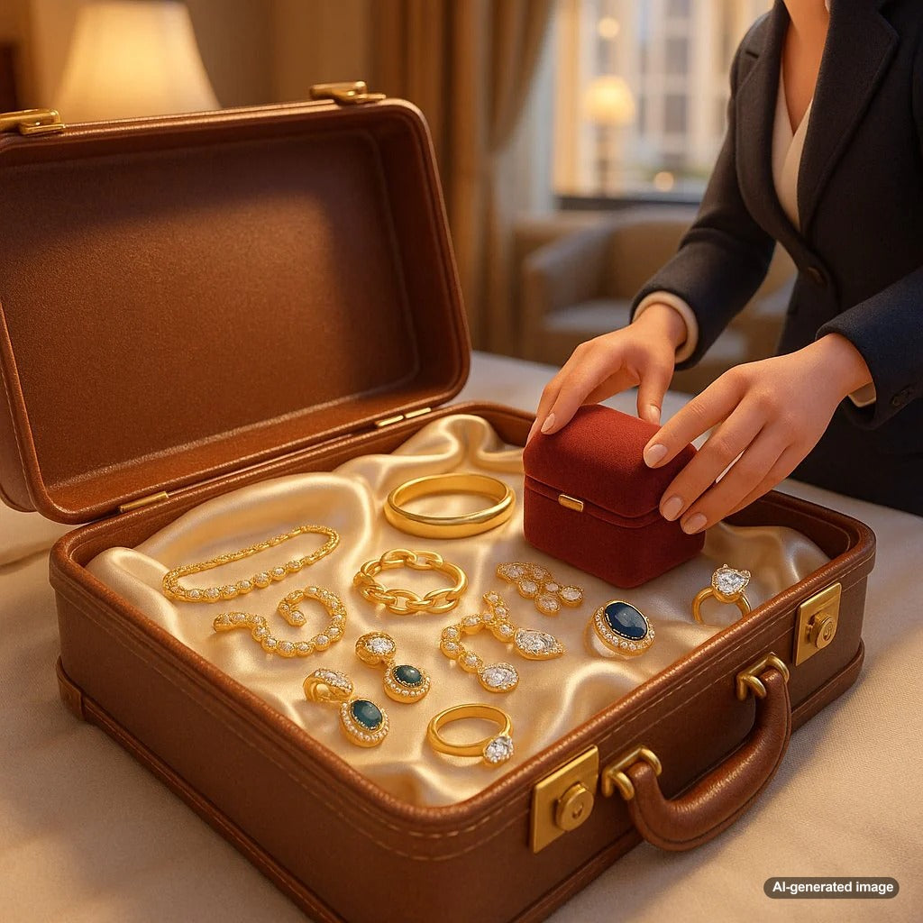 Elegant travel jewelry case with fine jewelry including rings, necklaces and bracelets arranged neatly for packing